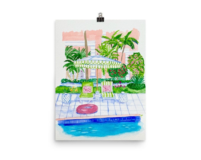 Watercolor print of ‘Poolside at the Colony Hotel, Palm Beach”