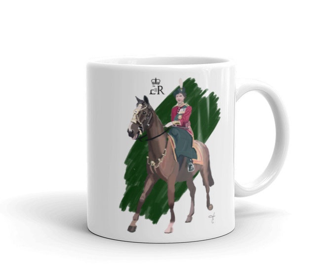 White glossy mug with Queen Elizabeth on horseback