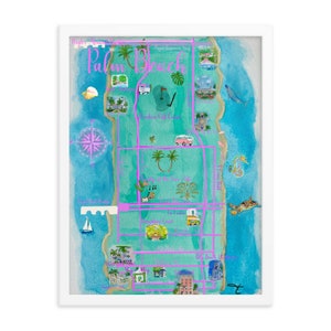 Puede incluir: Una ilustración de acuarela de un mapa de Palm Beach, Florida. El mapa está en un marco blanco y presenta colores rosa y azul. El mapa incluye puntos de referencia, calles y otros puntos de interés.
