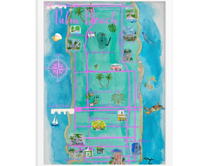 Framed print of Watercolor Palm Beach Map