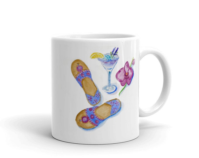 White glossy mug with lilac sandals