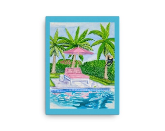 May include: A watercolor painting of a poolside scene with a pink lounge chair, a pink umbrella, and palm trees. The pool is blue and the water is rippling.