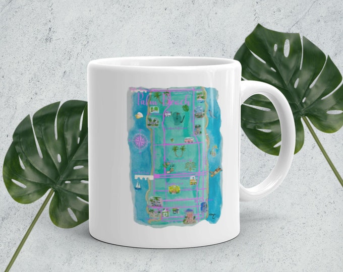 White glossy mug with map of Palm Beach