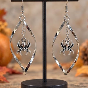 3D Spider Dangle Earrings, Silver Tone Spiral Frames, Stainless Steel Pierced Ear Wires, Halloween