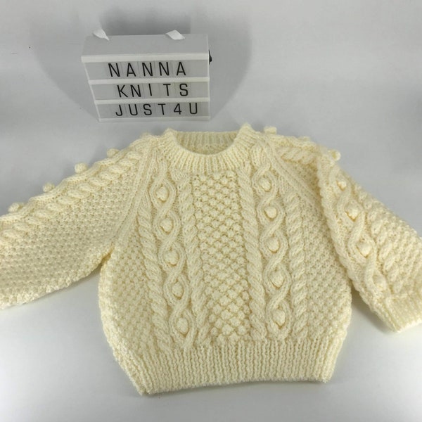1-2 years Hand knitted baby jumper. Baby sweater.  Baby Aran cardigan. Baby Aran sweater. Aran cardigan. Aran hat, baby hat