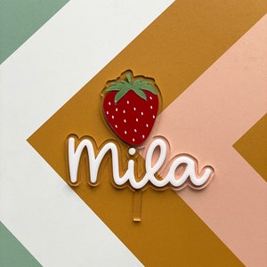 Personalized Strawberry theme acrylic cake topper with name, Custom Berry 1st Cake Topper, strawberry party decor, Strawberry Theme Birthday