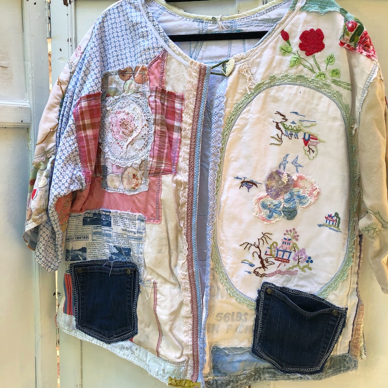 Upcycled Vintage Fabric Quilted Jacket Willow Pattern