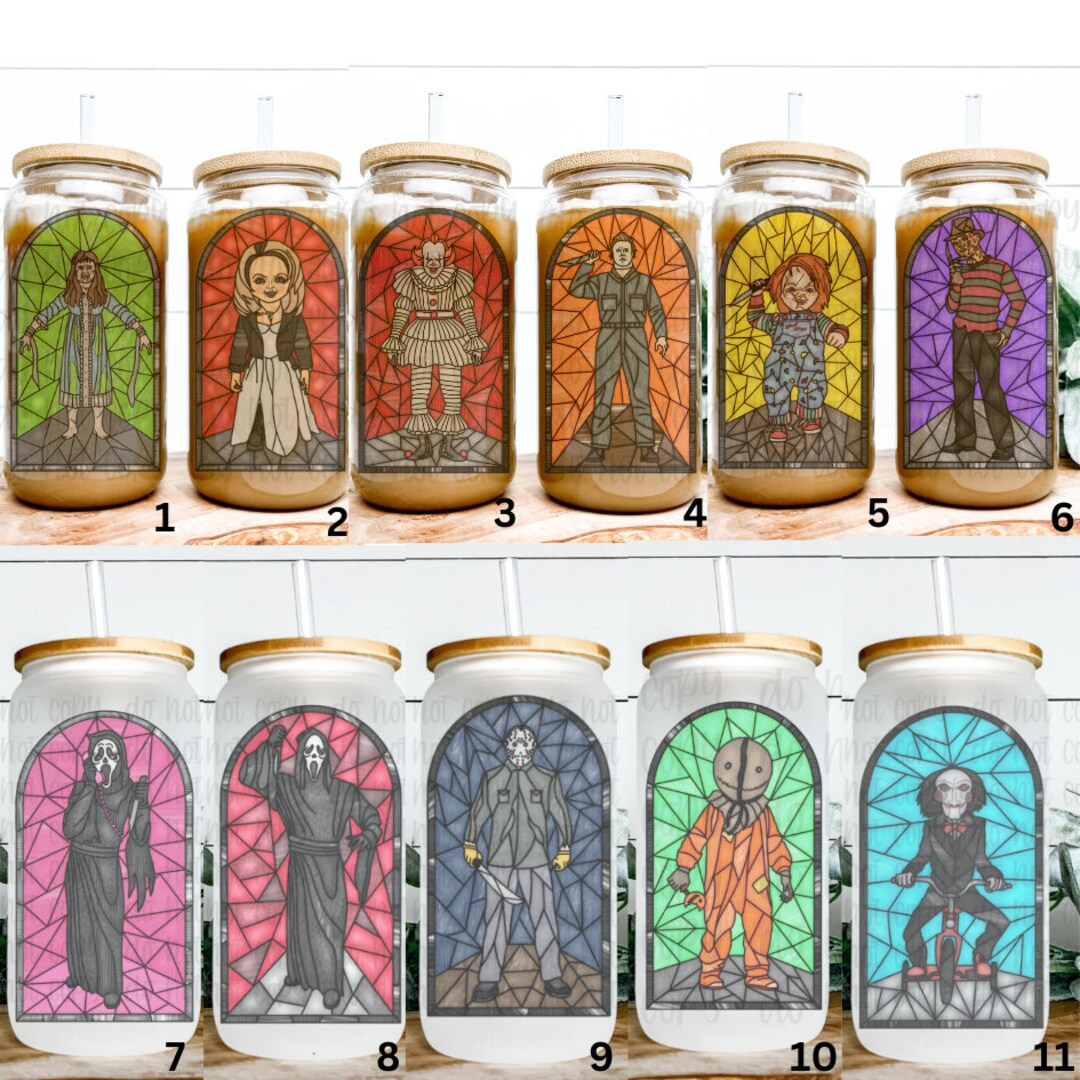 Stained Glass Horror Tumbler, Killer Characters Tumbler, Neon Horror