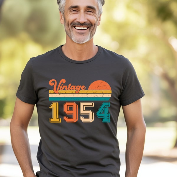 T-shirt vintage 1954, haut unisexe, édition limitée, 70e anniversaire, chemise classique aux couleurs de l'arc-en-ciel, cadeaux pour elle et lui, t-shirt rétro coucher de soleil