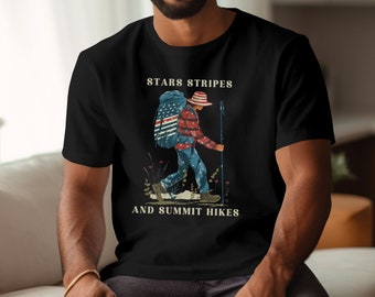 Chemise de randonnée américaine, étoiles frappées et randonnées au sommet, t-shirt de randonnée drapeau américain, cadeau pour les amateurs de randonnée, t-shirt de randonnée unisexe Etats-Unis, cadeau randonneur