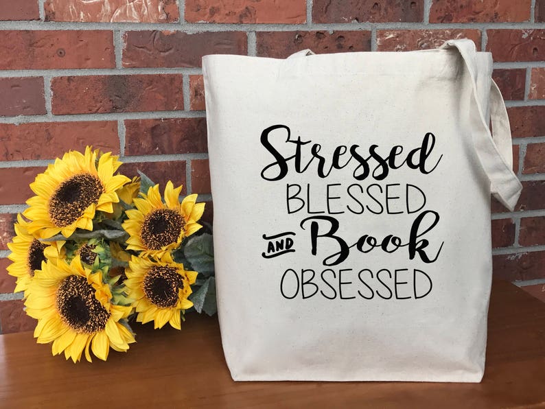 Stressed Cotton Canvas Tote Bag Shopping Bag Blessed and Book Obsessed Canvas Tote Bag Teacher Gift Market Bag Reusable Grocery Bag