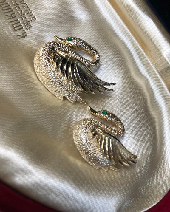 50s/60s Mid-Century Gold Toned Swan Brooches UNBR… - image 2