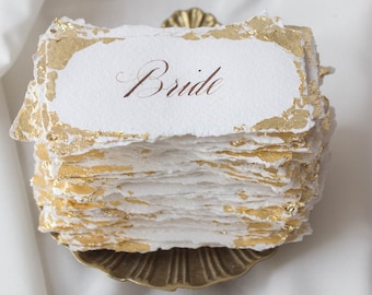 Handwritten Wedding Name Card on Handmade paper, Calligraphy Place Cards with Gold Leaf