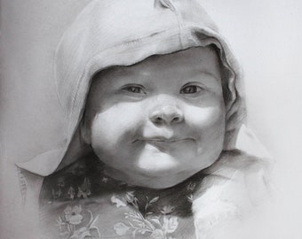 Funny smiling Baby pencil charcoal portrait Christmas Gift for Your close people and Family black and white wall decor for home