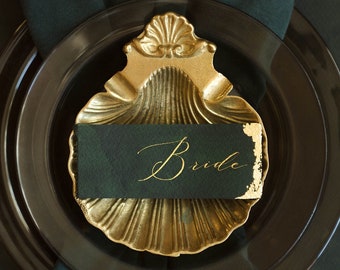 Handmade Gold Calligraphy Place Card: Dark Green Wedding Decor