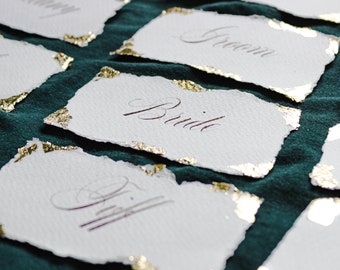 Handwritten Wedding Place Cards: Handmade Paper, Gold Leaf