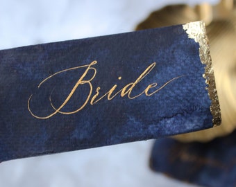 Handwritten Calligraphy Place Cards: Deep Blue Paper, Gold Leaf Wedding