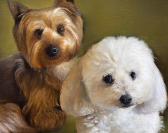 Custom oil painting Dog Portrait from Photo, Pet Owner Gift, Maltese and Yorkshire terrier portrait, portrait on linen stretched canvas