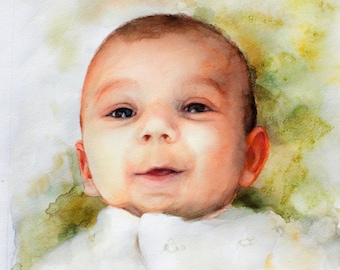 Handmade watercolor Baby portrait, Original and unique gift for Birthday, wall decor at kids room, best idea for present on 1st Birthday