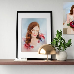 Original handmade watercolor wedding portrait Woman with red flowers, unique gift for Your wife or bride, Only one in the world, not copies image 3