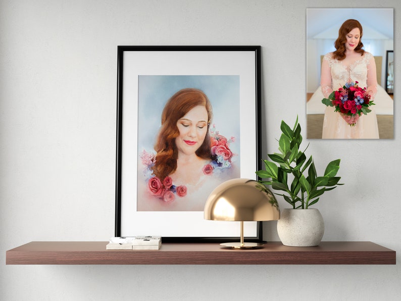 Original handmade watercolor wedding portrait Woman with red flowers, unique gift for Your wife or bride, Only one in the world, not copies image 3