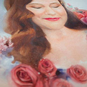 Original handmade watercolor wedding portrait Woman with red flowers, unique gift for Your wife or bride, Only one in the world, not copies image 5