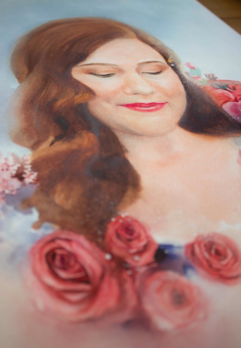 Original handmade watercolor wedding portrait Woman with red flowers, unique gift for Your wife or bride, Only one in the world, not copies image 5