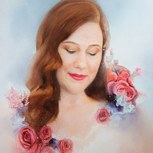 Original handmade watercolor wedding portrait Woman with red flowers, unique gift for Your wife or bride, Only one in the world, not copies image 1