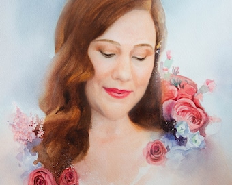 Original handmade watercolor wedding portrait Woman with red flowers, unique gift for Your wife or bride, Only one in the world, not copies