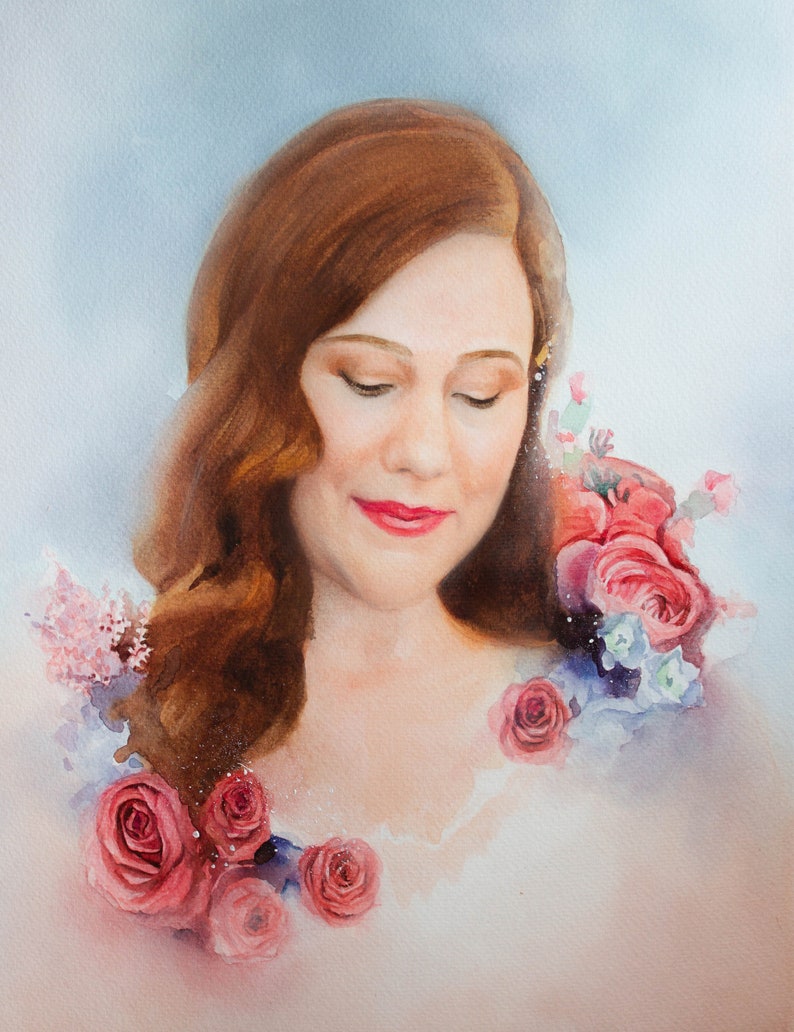 Original handmade watercolor wedding portrait Woman with red flowers, unique gift for Your wife or bride, Only one in the world, not copies image 1