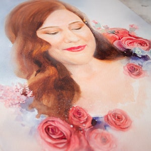 Original handmade watercolor wedding portrait Woman with red flowers, unique gift for Your wife or bride, Only one in the world, not copies image 2