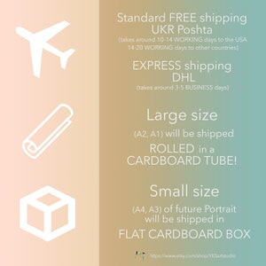 Puede incluir: Ilustraci&oacute;n de un avi&oacute;n blanco, un p&oacute;ster enrollado y una caja. El texto dice: "Standard FREE shipping UKR Poshta (takes around 10-14 WORKING days to the USA 14-20 WORKING days to other countries) EXPRESS shipping DHL (takes around 3-5 BUSINESS days) Large size (A2, A1) will be shipped ROLLED in a CARDBOARD TUBE! Small size (A4, A3) of future Portrait will be shipped in FLAT CARDBOARD BOX https://www.etsy.com/shop/YESartstudio"