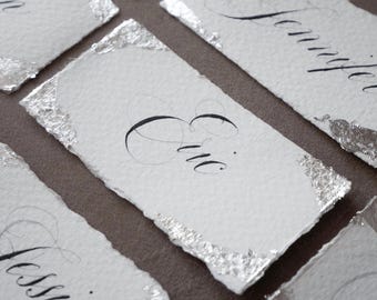 Handwritten Calligraphy Place Cards: Silver Leaf Wedding Name Cards