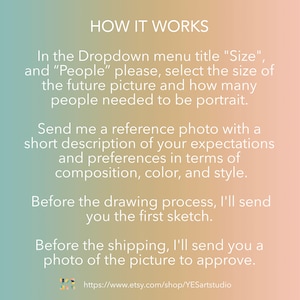 Puede incluir: Un gr&aacute;fico de texto con un fondo degradado azul claro y melocot&oacute;n. El texto dice "HOW IT WORKS" en gris oscuro. El texto de abajo explica el proceso para pedir un retrato personalizado. El texto incluye lo siguiente: "En el men&uacute; desplegable titulado "Tama&ntilde;o", y "Personas", por favor, selecciona el tama&ntilde;o de la imagen futura y cu&aacute;ntas personas deben estar en el retrato. Env&iacute;ame una foto de referencia con una breve descripci&oacute;n de tus expectativas y preferencias en t&eacute;rminos de composici&oacute;n, color y estilo. Antes del proceso de dibujo, te enviar&eacute; el primer boceto. Antes del env&iacute;o, te enviar&eacute; una foto de la imagen para que la apruebes."