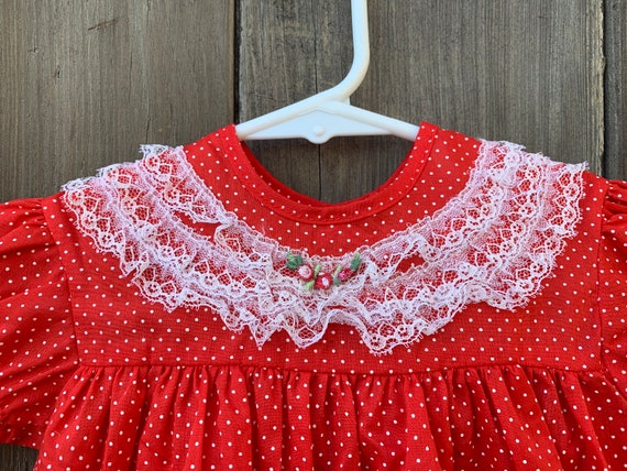 Vintage Two Piece Baby Girl Red Poka Dot Dress w/… - image 3