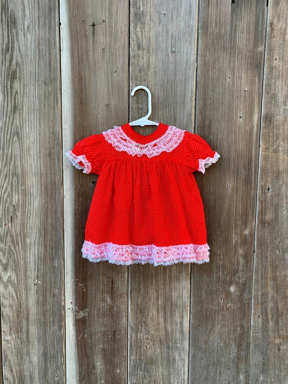 Vintage Two Piece Baby Girl Red Poka Dot Dress w/… - image 1