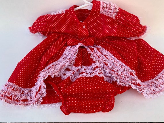 Vintage Two Piece Baby Girl Red Poka Dot Dress w/… - image 8