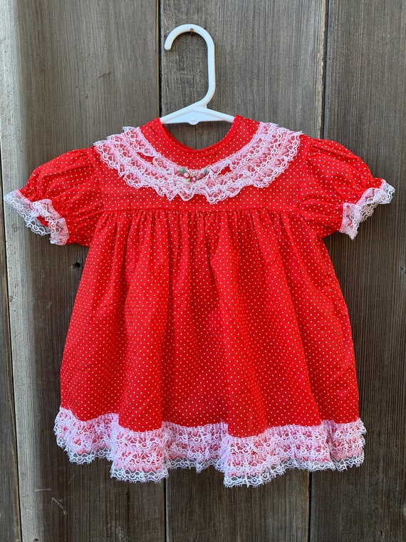 Vintage Two Piece Baby Girl Red Poka Dot Dress w/… - image 2