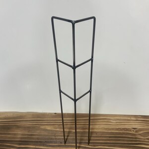 May include: A three-tiered metal plant support made of thin, black metal rods. The support is designed to be staked into the ground and provides vertical support for plants.