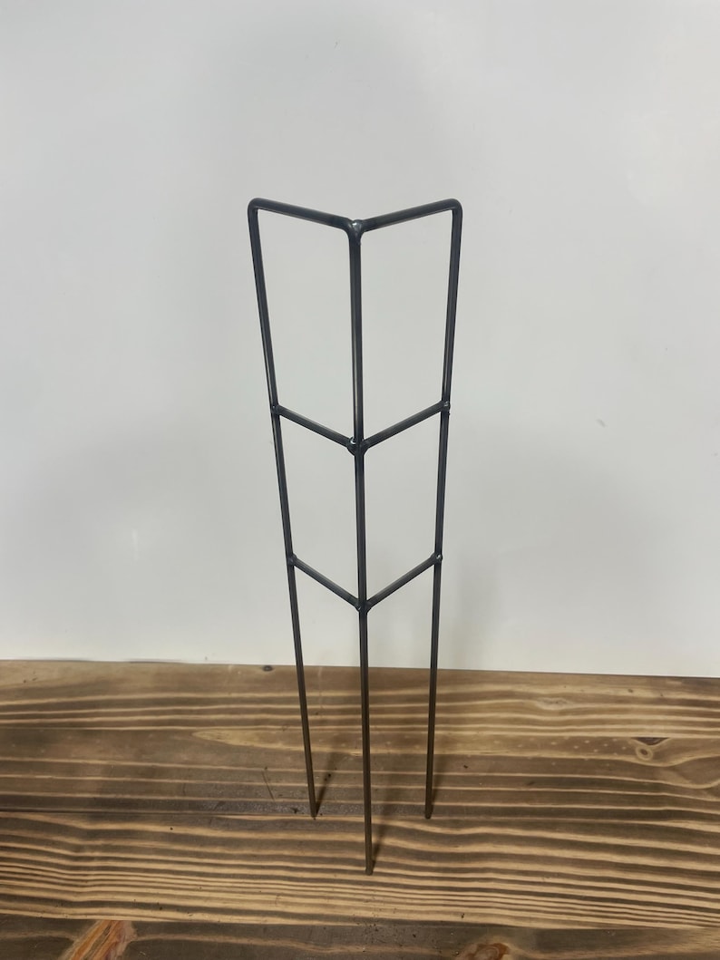 May include: A three-tiered metal plant support made of thin, black metal rods. The support is designed to be staked into the ground and provides vertical support for plants.