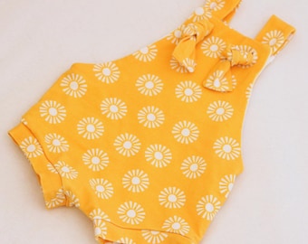 Sunshine Baby Romper Overalls | 6-9 Months Knotted Infant Outfit | Gender Neutral Baby Clothes | Ready to Ship Gift