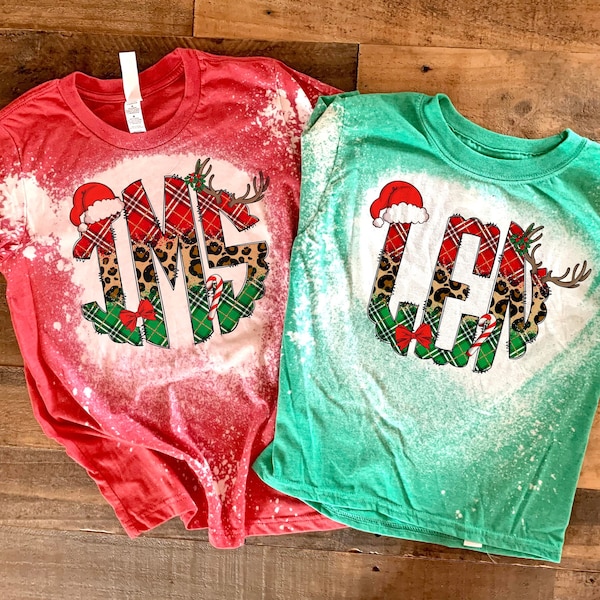 christmas monogram shirt, girls christmas mono tshirt, christmas morning shirt, girls christmas tee, girls bleach wash christmas tshirt