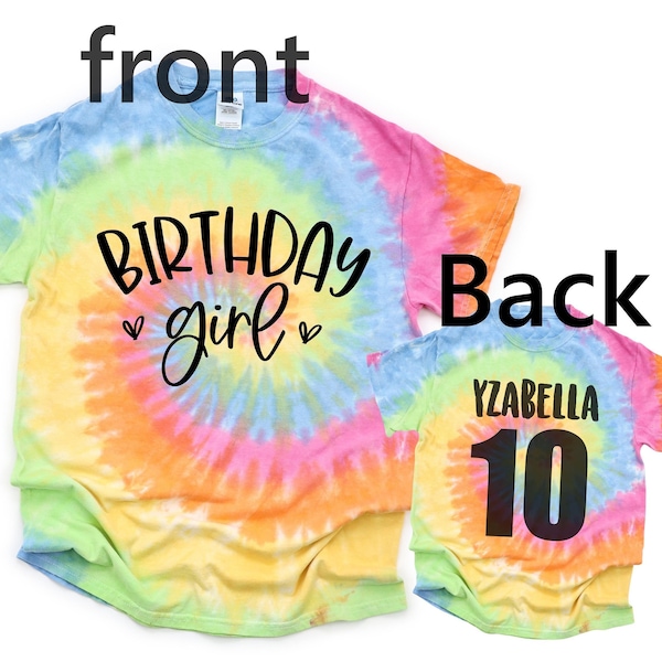 Chemise de fille d'anniversaire tie-dye | Chemise d'anniversaire pour filles | Âge au dos | T-shirt d'anniversaire avec nom | Chemise de fête d'anniversaire | Chemise d'anniversaire personnalisée