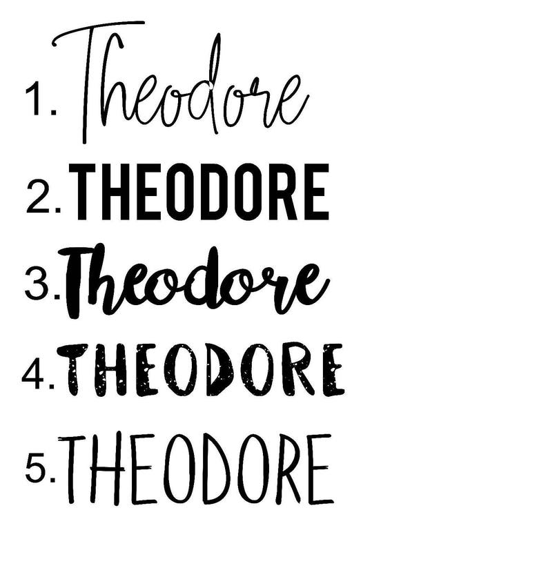 May include: A white background with the name "Theodore" written five times in different fonts. The name appears in a cursive script, bold sans-serif, and other unique styles.