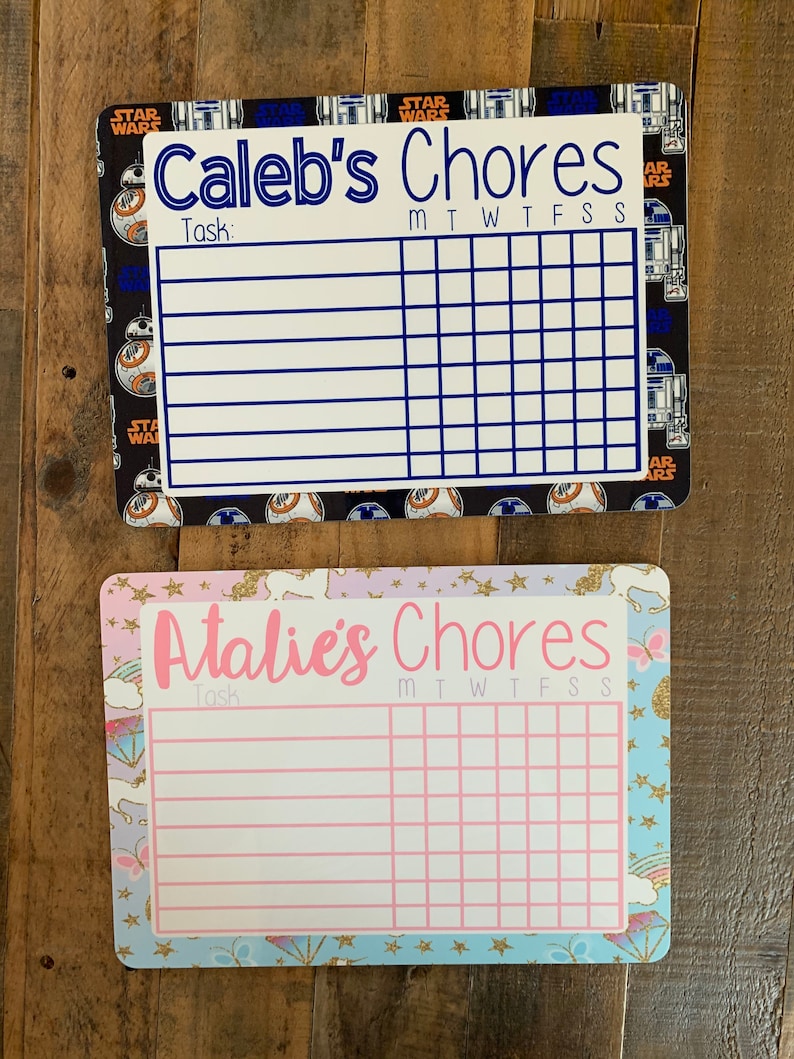 K&ouml;nnte beinhalten: Zwei wei&szlig;e Trockenl&ouml;sch-Chore-Charts mit bunten R&auml;ndern. Der obere Chart hat ein Star Wars-Thema mit einem blauen Rand und einem wei&szlig;en Hintergrund. Der untere Chart hat ein Einhorn-Thema mit einem rosa Rand und einem wei&szlig;en Hintergrund. Beide Charts haben einen Bereich zum Schreiben einer Aufgabe und ein Raster zum Abhaken der Wochentage.