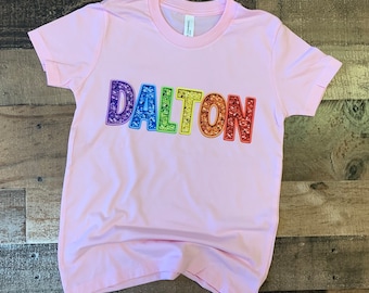 Kids Glitter Name Shirt: Faux Sequins Rainbow Tee