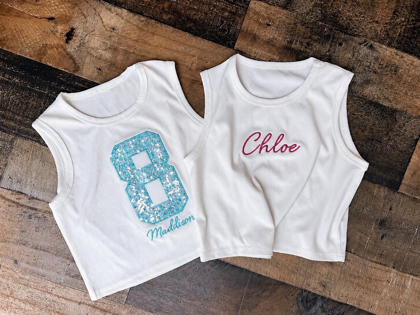 Sequins Birthday Crop Tank, Embroidery REAL sequins Fabric, Front Back Age 8, Age 6 Party Tshirt Girls, Youth Crop Tank