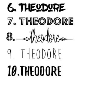 May include: A white background displays the name "THEODORE" in various black fonts. The name appears in different styles, including a bold, graffiti-like font, a dotted font, and a cursive script with arrows.