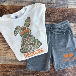 Boys Easter Outfit: Camo Bunny Egg Shirt & Shorts Set