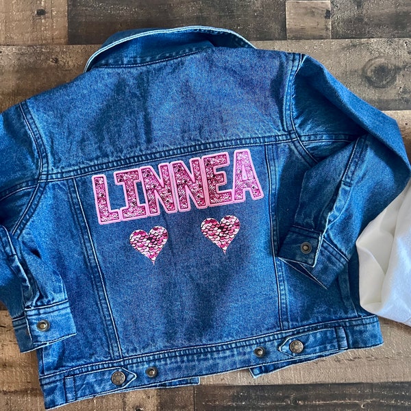 Personalized Name Jean Jacket, Baby Sequin denim jacket, Toddler glitter white jacket, ANY COLOR, youth girls matching twins